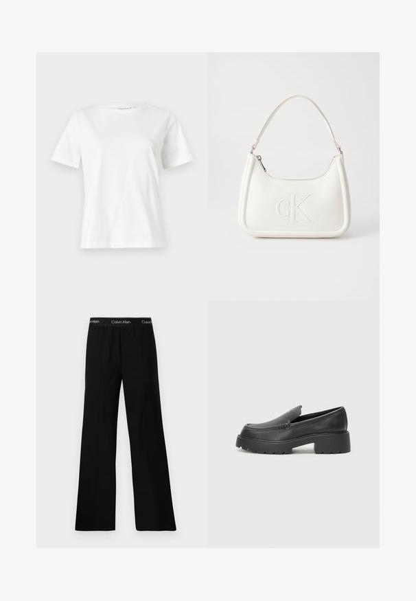 Tricou alb din bumbac cu mâneci scurte, guler rotund și o croială relaxată. Textură netedă, fără imprimeuri sau accente, design minimalist.; Pantaloni negri cu picioare largi, cu o textură netedă, având un brâu elastic etichetat "Calvin Klein" cu text alb. Design minimalist.; Mocasini din piele neagră, cu vârf rotunjit, talpă groasă texturată și detalii minimale de cusătură. Design elegant, fără șireturi sau accesorii vizibile.; Geantă de umăr din piele albă cu formă curbată, având un logo "CK" embosat pe partea din față și un singur braț de umăr. Închidere cu fermoar în partea de sus.