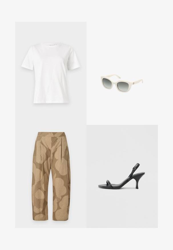 Hvit bomull t-skjorte med korte ermer, rund hals og avslappet passform. Glatt tekstur, ingen mønstre eller detaljer, minimalistisk design.; Beige bukser med et stort blomstermønster i lysere nuancer. Har høj talje, plisseringer og en afslappet pasform. Lavet af letvægtsstof.; Sorte skinnhøye hæler med en slank, buet hæl og et kryssrem-design. Justerbar ankelrem. Glatt tekstur.; Hvite plastsolbriller med kattøyform, grå gradientlinser, solide stenger og gulllogo detaljer på siden.