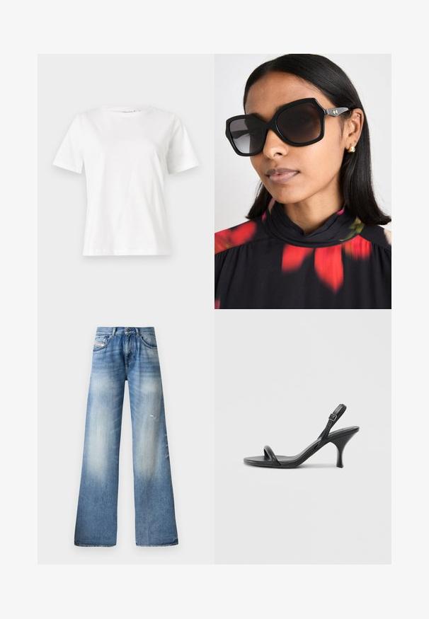 Baltas kokvilnas T-krekls ar īsām piedurknēm, apaļu kakla izgriezumu un brīvu piegriezumu. Gluda tekstūra, bez rakstiem vai akcentiem, minimālistisks dizains.; Gaiši zili platajā piegriezuma džinsi iz džinsa materiāla, ar nolietotu apdari, nelielu izsistumu, klasisku piecu kabatu dizainu un pogu aizdari.; Melnas ādas augstpapēžu sandales ar plānu, izliekta formas papēdi un krustenisku siksnu dizainu. Regulējama potītes siksna. Gluda tekstūra.; Melni pārmērīgi lieli saulesbrilles ar ģeometrisku rāmi, tumšu tonējumu lēcām un zeltainu akcentu aparatūru, valkāti ar ziedu rakstu augstu apkakli.