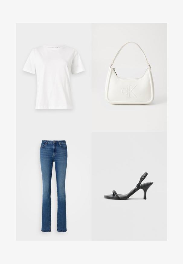 Tricou alb din bumbac cu mâneci scurte, guler rotund și o croială relaxată. Textură netedă, fără imprimeuri sau accente, design minimalist.; ONLY Tall ONLSUI MID - Blugi slim fit - medium blue denim; Sandale cu toc înalt din piele neagră, cu un toc subțire și curbat și un design cu curea încrucișată. Curea la gleznă ajustabilă. Textură netedă.; Geantă de umăr din piele albă cu formă curbată, având un logo "CK" embosat pe partea din față și un singur braț de umăr. Închidere cu fermoar în partea de sus.