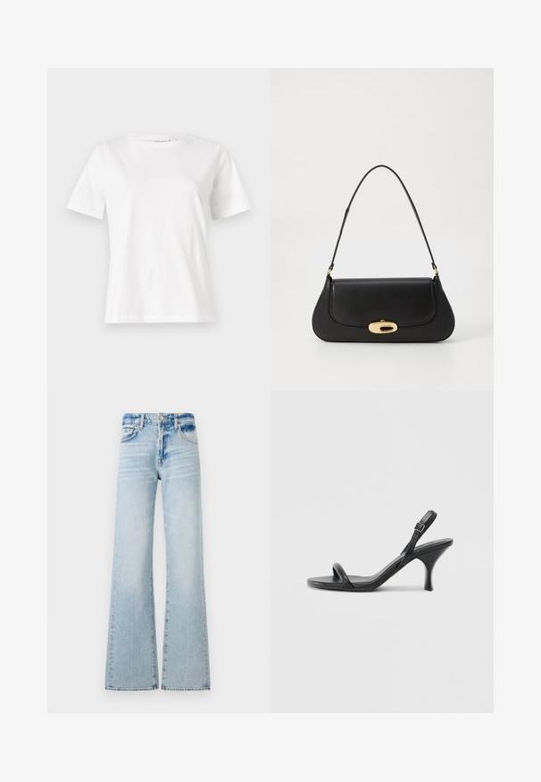 Biela bavlnená tričko s krátkymi rukávmi, okrúhlym výstrihom a voľným strihom. Hladká textúra, bez vzorov alebo akcentov, minimalistický dizajn.; Svetlomodré široké džínsy vyrobené z denimu, s stredne vysokým pásom, piatimi vreckami a kontrastným prešívaním v odrazenom vzhľade.; Čierne kožené sandále na vysokom podpätku s štíhlym, zakriveným podpätkom a prekríženým pásikovým dizajnom. Nastaviteľný pásik okolo členka. Hladká textúra.; Čierna kožená kabelka s prehnutým dizajnom, zlatými kovovými detailmi a horným uchom. Má elegantné zatvorenie a hladký povrch.