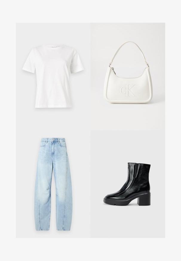 Baltas kokvilnas T-krekls ar īsām piedurknēm, apaļu kakla izgriezumu un brīvu piegriezumu. Gluda tekstūra, bez rakstiem vai akcentiem, minimālistisks dizains.; Gaiši zili denim platā kājiņu džinsi ar augstu jostasvietu, ar pogu aizdari, priekšējām kabatām un vieglu balināšanu.; Melnas lakotas ādas potītes zābaki ar izliekto purngalu, elastīgām sānu paneļiem un masīvu blokveida papēdi. Aizmugurē ir izsistā logo.; Balta ādas rokassoma ar noapaļotu formu, uz kuras priekšpuses ir izgriezts "CK" logo un viena plecu siksna. Augšā aizverama ar rāvējslēdzēju.
