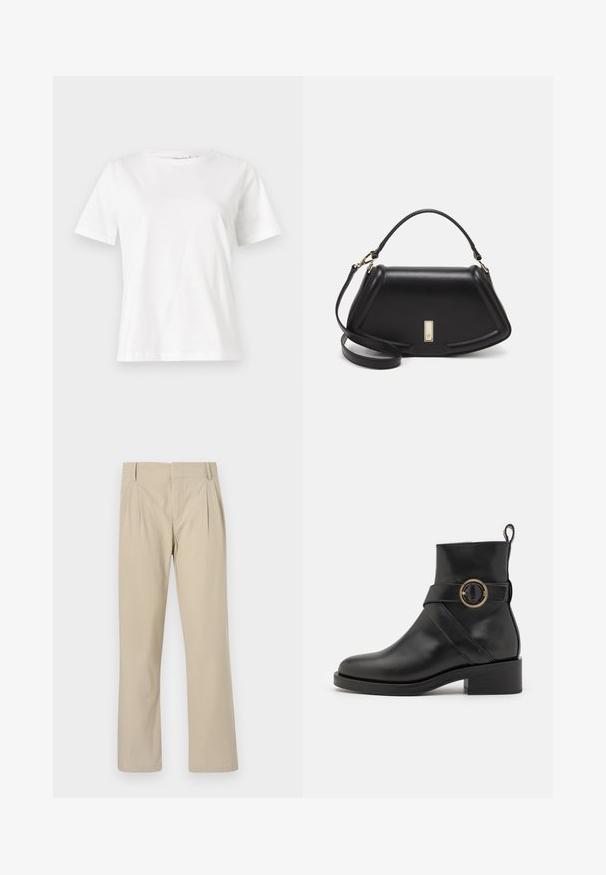 T-shirt en coton blanc à manches courtes, col rond et coupe décontractée. Texture lisse, sans motifs ni accents, design minimaliste.; Pantalons larges beige en mélange de coton ; avec plis à l'avant, coupe droite et passants de ceinture. Texture lisse, sans motifs.; BOSS IRYNA BOOTIE - Bottines à plateau - black; Sac à main en cuir noir avec un design structuré, featuring une forme cropped, une poignée supérieure et des accents en matériel doré. Bandoulière réglable incluse.