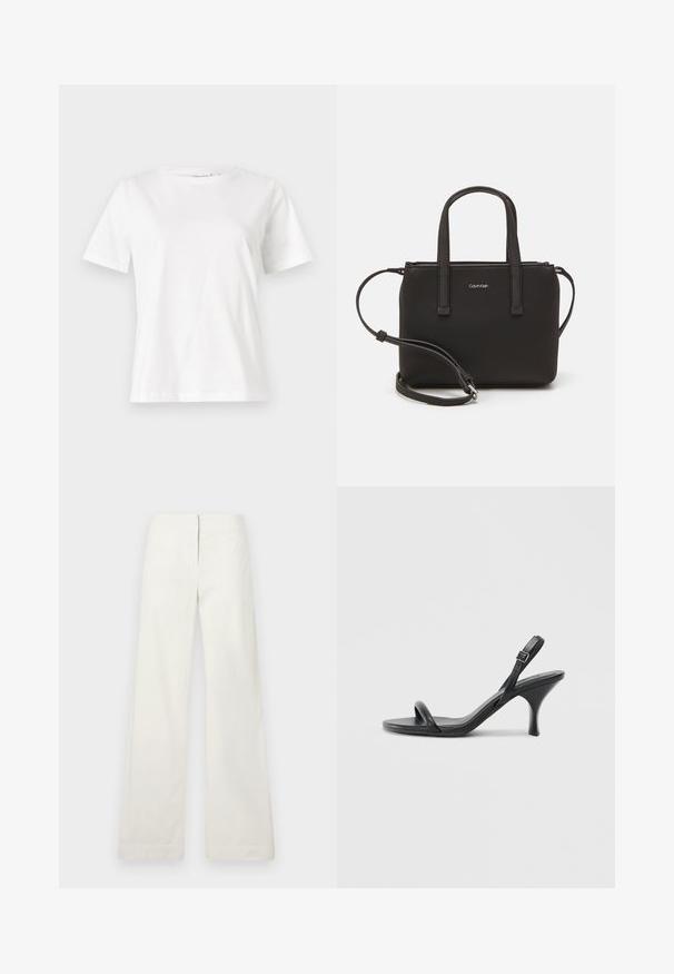 White cotton t-shirt with short sleeves, round neckline, and a relaxed fit. Smooth texture, no patterns or accents, minimalistic design.; White wide-leg trousers made of cotton, featuring a straight cut, smooth texture, and a simple waistband without visible fasteners.; Black leather high-heeled sandals with a slim, curved heel and a crossed strap design. Adjustable ankle strap. Smooth texture.; Black handbag with dual short handles and a removable shoulder strap. Smooth leather-like material with a zip closure and logo detail.