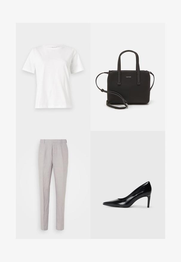 Valge puuvillane T-särk lühikeste varrukatega, ümmarguse kaelusega ja vabalt istuv. Sile tekstuur, ilma mustrite ja aktsentideta, minimalistik disain.; Heled hallid linased püksid sirge lõikega, millel on lame esikülg ja kaks teravat pressimist jalgadel. Küljel ei ole nähtavaid taskuid.; Mustmust musta kõrge kontsaga king, millel on terav varvas, sile tekstuur ja kitsenev konts. Minimalistlik disain, ilma täiendavate kaunistusteta.; Musthave mustrans vöö ja eemaldatav õlarihm. Gludike nahk siledaga, millel on tõmblukk ja logo detail.