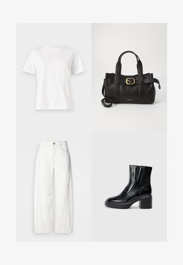 White cotton t-shirt with short sleeves, round neckline, and a relaxed fit. Smooth texture, no patterns or accents, minimalistic design.; White wide-leg jeans made from denim with visible stitching. Features a button closure and slight texture. Pockets on the front.; Black patent leather ankle boots with a curved toe, elastic side panels, and a chunky block heel. Features embossed logo on the back.; Black leather handbag featuring a structured design, dual top handles, gold-tone buckle accent, and embossed brand logo at the front.