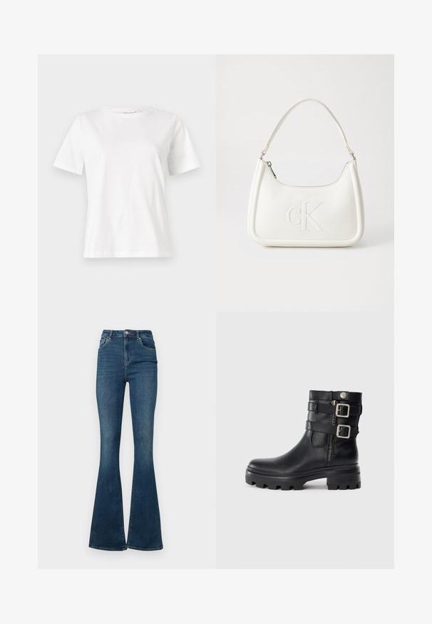 Valkoinen puuvillapaita lyhyillä hihoilla, pyöreällä kaula-aukolla ja rentolla istuvuudella. Sujuva rakenne, ei kuvioita tai yksityiskohtia, minimalistinen muotoilu.; Tummansiniset leveälahkeiset farkut korkealla vyötäröllä, valmistettu denimistä, etutaskut ja nappikiinnitys. Kulutettu pinta helman läheisyydessä.; Musta nahkainen nilkkabootsi, jossa on tupla-solkiakselit, vetoketjusulku, paksu pohja ja sileä pinta. Ominaisuuksiin kuuluu kestävä ja tyylikäs muotoilu.; Valkoinen nahkalaukku, jossa on kaareva muotoilu, etupuolella kohokuvioitu "CK" -logo ja yksi olkahihna. Vetoketjukiinnitys ylhäällä.