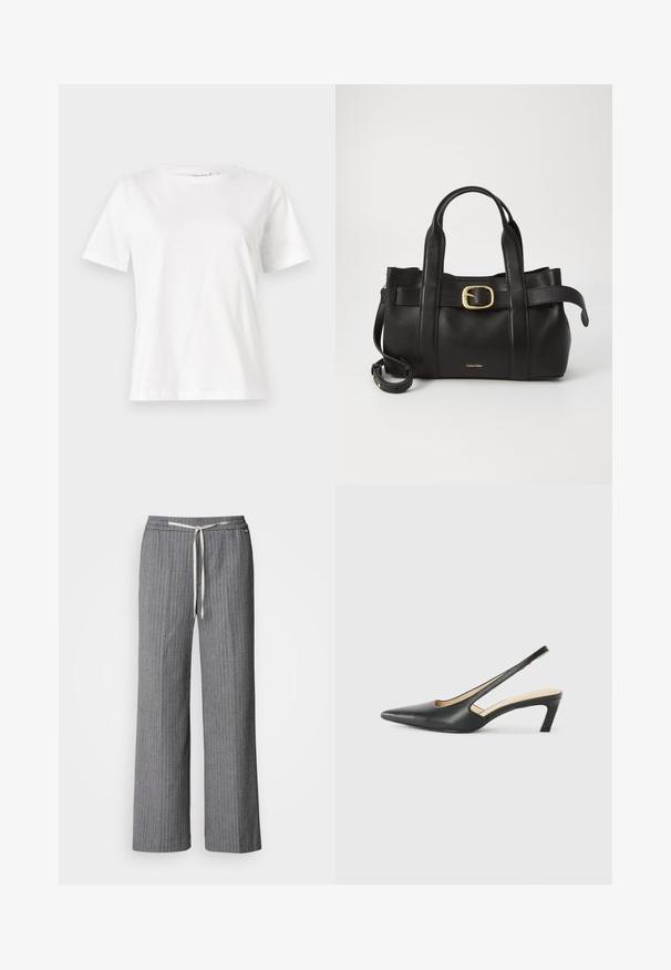 Weißes Baumwoll-T-Shirt mit kurzen Ärmeln, Rundhalsausschnitt und lockerer Passform. Glatte Textur, keine Muster oder Akzente, minimalistisches Design.; Grau gestreifte, weit geschnittene Hose aus strukturiertem Stoff. Sie verfügt über einen elastischen Bund mit einer kremfarbigen Zugkordel.; Schwarzer spitz zulaufender Slingback-Schuh mit niedrigem Absatz, der aus glattem Leder gefertigt ist und seitliche Ausschnitte für Atmungsaktivität aufweist.; Schwarze Lederhandtasche mit strukturiertem Design, doppelten oberen Griffen, goldfarbenem Schnallenakzent und geprägtem Markenlogo auf der Vorderseite.