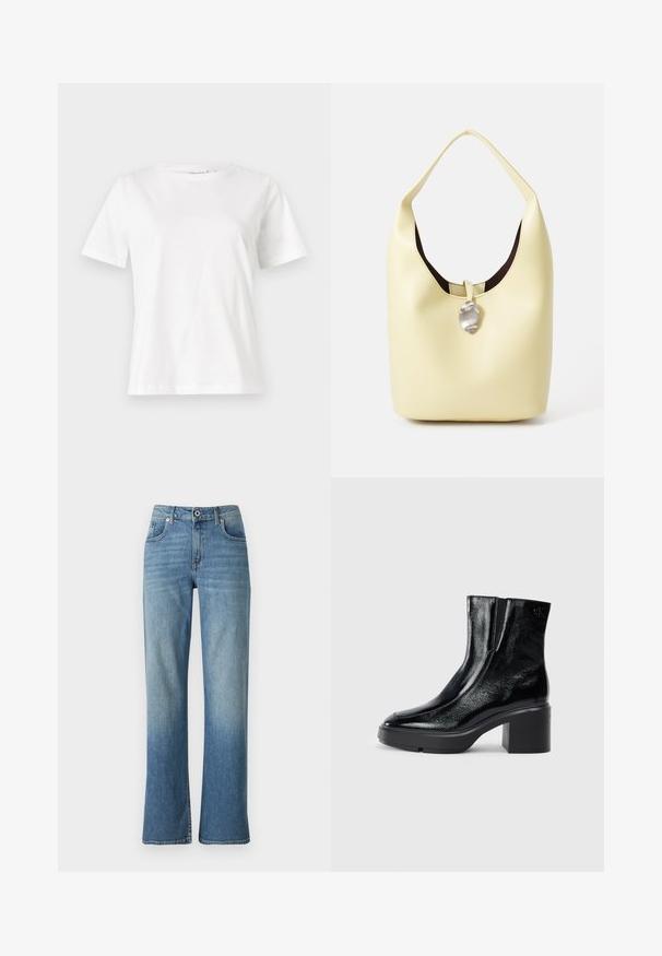 Balta medvilninė marškinėliai trumpomis rankovėmis, su apvalia iškirpte ir laisvu siluetu. Lygi tekstūra, be raštų ar akcentų, minimalistinis dizainas.; Šviesiai mėlynos džinsinės kelnės su tiesiu kirpimu, turinčios penkias kišenes, mygtuko užsegimą ir šiek tiek nusidėvėjusią išvaizdą.; Juodi lakiniai auliniai batai iki kulkšnies, su išlenktu pirštu, elastinėmis šoninėmis panelėmis ir masyviu blokuotu kulnu. Apdailoje užpakalinėje dalyje įspaustas logotipas.; Hobo tipo kuprinė iš minkštos gelsvos odos su apvalia forma. Ypatinga lygia tekstūra, tamsiu pamušalu ir sidabro spalvos akcentu uždarymui.