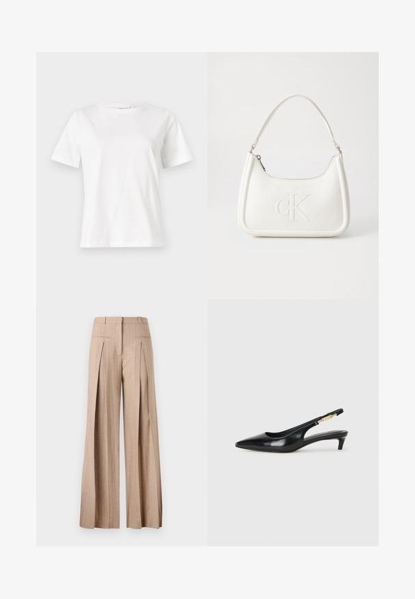 Hvit bomull t-skjorte med korte ermer, rund hals og avslappet passform. Glatt tekstur, ingen mønstre eller detaljer, minimalistisk design.; Beige vide bukser laget av et lett stoff, med vertikale striper, høy midje og frontfolder.; Sorte lærreim hæler med spiss tå, som har en slank hæl og en gullfarget detalj på den justerbare stroppen. Glatt tekstur.; Hvit lærveske med en buet fasong, med et preget "CK"-logo på forsiden og en enkel skulderstropp. Glidelåslukking på toppen.