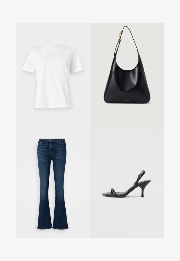 White cotton t-shirt with short sleeves, round neckline, and a relaxed fit. Smooth texture, no patterns or accents, minimalistic design.; Flared dark blue jeans made of denim, featuring a classic five-pocket design and a front button closure. Smooth texture and tailored fit.; Black leather high-heeled sandals with a slim, curved heel and a crossed strap design. Adjustable ankle strap. Smooth texture.; Black leather shoulder bag with a smooth texture, curved silhouette, and a gold hardware accent. Features embossed brand logo at the base.