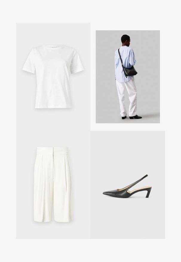 Hvit bomull t-skjorte med korte ermer, rund hals og avslappet passform. Glatt tekstur, ingen mønstre eller detaljer, minimalistisk design.; Hvite plisserte shorts med høy midje. Glatt stoff med en avslappet fasong, med sidelommer og knelengde.; Svart spiss tå slingback-sko med lav hæl, laget av jevnt skinnmateriale og med utskåret design på siden for pusteevne.; Svart lær skulderveske med en myk tekstur, trekantet form og justerbar stropp, kombinert med en lyseblå stripete skjorte og hvite bukser.