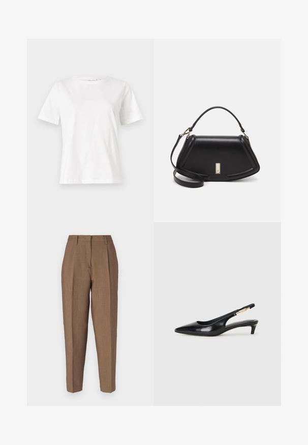 Valkoinen puuvillapaita lyhyillä hihoilla, pyöreällä kaula-aukolla ja rentolla istuvuudella. Sujuva rakenne, ei kuvioita tai yksityiskohtia, minimalistinen muotoilu.; Ruske, verstatte bukser med en tekstureret vævning, der har høj talje, frontfine plisséer og en lige ben-design. Ingen synlig hardware eller lommer.; Mustat nahkaiset slingback-korkokengät, joissa on terävä kärki, ohuet korot ja kultasävytteinen yksityiskohta säädettävässä hihnassa. Silkkinen pinta.; Mustalla nahkalaukulla, jossa on jämäkkä muotoilu, lyhyt malli, yläkahva ja kultaiset yksityiskohdat. Säädettävä olkahihna sisältyy.