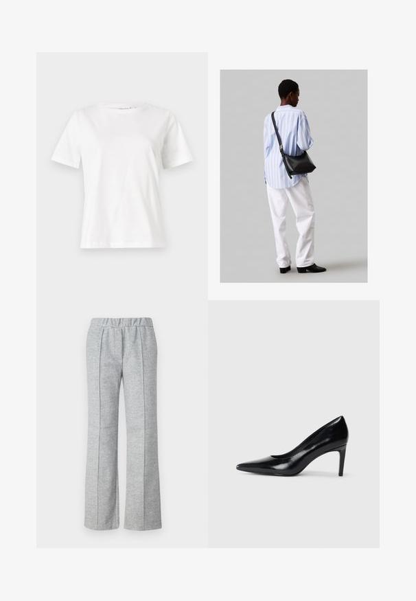 Weißes Baumwoll-T-Shirt mit kurzen Ärmeln, Rundhalsausschnitt und lockerer Passform. Glatte Textur, keine Muster oder Akzente, minimalistisches Design.; Graue, weite Hose aus strukturiertem Stoff; verfügt über einen elastischen Bund und gefaltete Vorderdetails. Sauberes, minimalistisches Design.; Schwarzer Lederhochschuh mit spitzem Zehenbereich, glatter Textur und schmalem Absatz. Minimalistisches Design, keine zusätzlichen Verzierungen.; Schwarze Leder-Umhängetasche mit weicher Textur, dreieckiger Form und verstellbarem Tragegurt, kombiniert mit einem hellblauen gestreiften Hemd und weißen Hosen.