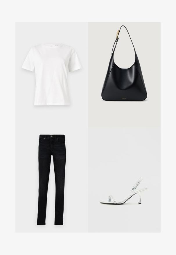 Bijela pamučna majica s kratkim rukavima, okruglim izrezom i opuštenim krojem. Glatka tekstura, bez uzoraka ili akcenata, minimalistički dizajn.; Mršavi crni traperice napravljene od denima, sa pet džepova, patentnim zatvaračem i blagim izblijedjenjem za teksturu i vizualni interes.; Srebrni patenti kožni sandali na visokom potpeticu s uskim remenom za prste, podesivom kopčom i vitkom potpeticom.; Crna kožna torba za rame s glatkom teksturom, zakrivljenim siluetom i zlatnim detaljima. Ima utisnutu oznaku branda na dnu.