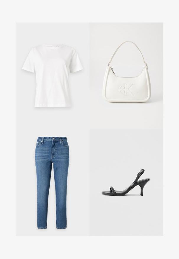 Bijela pamučna majica s kratkim rukavima, okruglim izrezom i opuštenim krojem. Glatka tekstura, bez uzoraka ili akcenata, minimalistički dizajn.; Svijetloplave traperice s visokim strukom, dizajna ravnih nogavica, s pet džepova i suptilnim izblijedjelim efektom. Imaju metalni gumb i zatvarač.; Crne kožne sandale na visoku petu s tankom, zakrivljenom petom i dizajnom prekriženih traka. Podesiva traka oko gležnja. Glatka tekstura.; Bijela kožna torba s zakrivljenim oblikom, koja na prednjoj strani ima utisnut logotip "CK" i jedan remen za nošenje preko ramena. Zatvaranje na munju na vrhu.