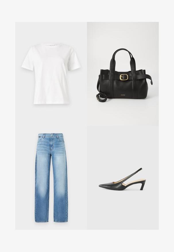 Valge puuvillane T-särk lühikeste varrukatega, ümmarguse kaelusega ja vabalt istuv. Sile tekstuur, ilma mustrite ja aktsentideta, minimalistik disain.; Heledad sinise värvi, laiade jalgadega teksased, mis on valmistatud denimist. Omavad kõrget vööd, viit taskut ja kerget kulumist, et saavutada mugav välimus.; Must mustaga, terav varvas, madala kontsaga sildiga king, mis on valmistatud siledast nahast ja mille küljel on lõike disain hingavuse tagamiseks.; Must mustraga nahkakott, millel on struktureeritud disain, kaks ülemist kanda, kuldse tooni pandla aktsent ja esiküljel embosseeritud brändi logo.