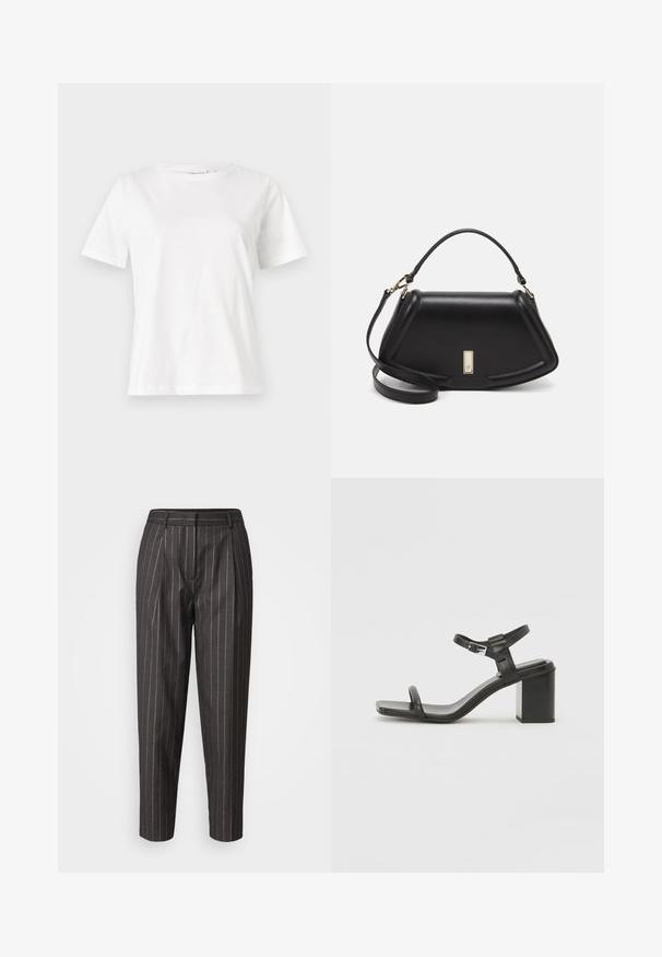 Valkoinen puuvillapaita lyhyillä hihoilla, pyöreällä kaula-aukolla ja rentolla istuvuudella. Sujuva rakenne, ei kuvioita tai yksityiskohtia, minimalistinen muotoilu.; Tummanharmaat räätälöidyt housut, joissa on pystysuorat valkoiset raidoitukset, pleat-edessä ja kapenevat lahkeet. Valmistettu sileästä kankaasta, jossa on vyölenkit.; Musta nahkainen, paksupohjainen sandaali, jossa on leveä remmi varvasrengasta vastaan ja säädettävä nilkkaremmi, tyylikkäällä ja minimalistisella designilla.; Mustalla nahkalaukulla, jossa on jämäkkä muotoilu, lyhyt malli, yläkahva ja kultaiset yksityiskohdat. Säädettävä olkahihna sisältyy.