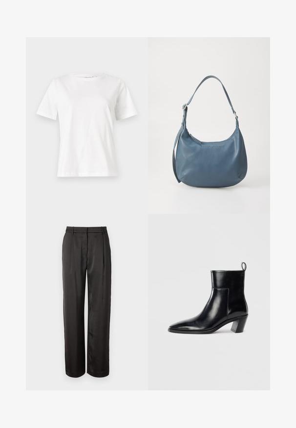 Witte katoenen t-shirt met korte mouwen, ronde halslijn en een ontspannen pasvorm. Gladde textuur, geen patronen of accenten, minimalistisch ontwerp.; Zwarte, hoog genepen broeken van gladde stof. Heeft een rechte snit, twee voorplooien en riemlussen.; Zwarte leren enkelboot met een spitse neus, een geometrische gestapelde hak en een trekband aan de achterkant. Gladde textuur en slank ontwerp.; Blauwe leren handtas met een ronde vorm, enkele schouderriem, ritssluiting en geïmpregneerde merknaam aan de voorkant. Gladde textuur.