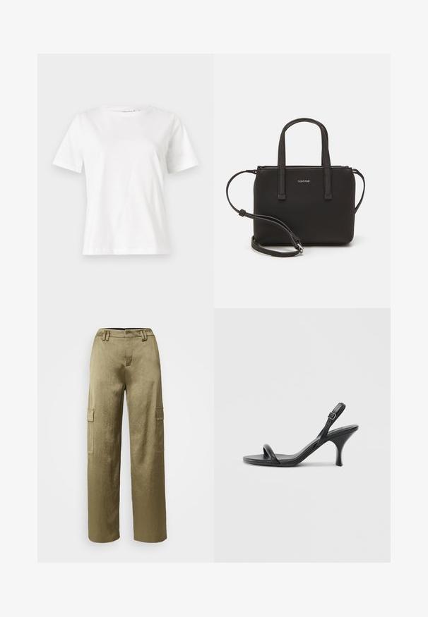 Bela bombažna majica s kratkimi rokavi, okroglo izrezana in ohlapnega kroja. Gladka tekstura, brez vzorcev ali dodatkov, minimalističen dizajn.; Olivne zelene cargo hlače širokega kroja, ki imajo dva stranska žepa, teksturirano tkanino in prilegajoč pas s passkami za pas.; Črne usnjene visoke sandale s tankim, ukrivljenim petam in obliko križanih trakov. Nastavljiv trak okoli gležnja. Gladka tekstura.; Črna torbica z dvema kratkima ročajema in odstranljivim naramnim trakom. Gladek usnju podoben material z zadrgo in podrobnostmi z logotipom.