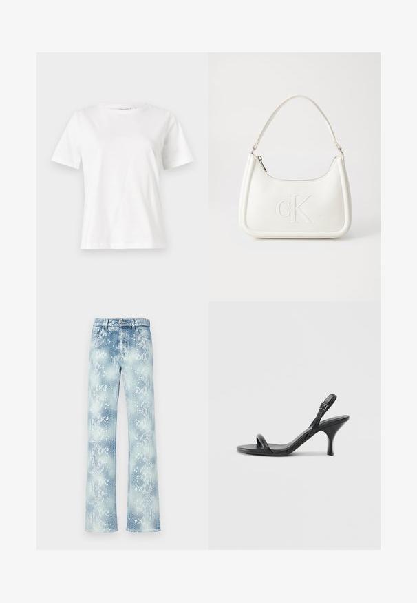 Valkoinen puuvillapaita lyhyillä hihoilla, pyöreällä kaula-aukolla ja rentolla istuvuudella. Sujuva rakenne, ei kuvioita tai yksityiskohtia, minimalistinen muotoilu.; Vaaleansiniset käärmeennahkakuosiset farkut, joissa on rento malli, klassinen vyötärö, vetoketjusuljenta ja repaleiset helmats.; Mustat nahkaiset korkokengät, joissa on hoikka, kaareva korko ja ristiin menevä hihnadesign. Säädettävä nilkkahihna. Silkkinen pinta.; Valkoinen nahkalaukku, jossa on kaareva muotoilu, etupuolella kohokuvioitu "CK" -logo ja yksi olkahihna. Vetoketjukiinnitys ylhäällä.