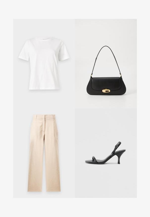 Bílý bavlněný tričko s krátkým rukávem, kulatým výstřihem a volnějším střihem. Hladká textura, bez vzorů nebo akcentů, minimalistický design.; Béžové kalhoty vyrobené z hladké tkaniny. Mají rovný střih, plochý přední díl a dva záhyby. Žádné viditelné vzory ani kovové prvky.; Černé kožené sandály na vysokém podpatku s úzkým, zakřiveným podpatkem a designem s překříženými popruhy. Nastavitelný pásek kolem kotníku. Hladký povrch.; Černá kožená kabelka s zakřiveným designem, zlatými akcenty a horním uchem. Vybavena elegantním zavíráním a hladkým povrchem.