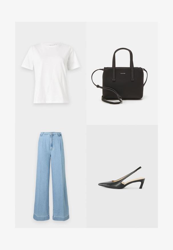 Baltas kokvilnas T-krekls ar īsām piedurknēm, apaļu kakla izgriezumu un brīvu piegriezumu. Gluda tekstūra, bez rakstiem vai akcentiem, minimālistisks dizains.; Gaiši zili džinsu platās kājas bikses ar augstu jostasvietu, priekšējām krokām un neapstrādātiem malām, lai iegūtu ikdienišķu izskatu.; Melna, ar smailu purngalu, slingback kurpe ar zemu papēdi, izgatavota no gludas ādas materiāla un ar izgriezumiem sānos gaisa caurlaidībai.; Melns roku soma ar divām īsām rokturiem un noņemamu plecu siksnu. Gluda ādas līdzīga materiāla ar rāvējslēdzēja aizdari un logos detaļu.