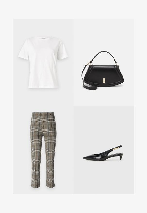 Valkoinen puuvillapaita lyhyillä hihoilla, pyöreällä kaula-aukolla ja rentolla istuvuudella. Sujuva rakenne, ei kuvioita tai yksityiskohtia, minimalistinen muotoilu.; Ruudulliset housut, joissa on harmaa, musta ja keltainen kuvio, istuva leikkaus, etuvetoketju ja huomaamattomat nilkkaaukot helmassa.; Mustat nahkaiset slingback-korkokengät, joissa on terävä kärki, ohuet korot ja kultasävytteinen yksityiskohta säädettävässä hihnassa. Silkkinen pinta.; Mustalla nahkalaukulla, jossa on jämäkkä muotoilu, lyhyt malli, yläkahva ja kultaiset yksityiskohdat. Säädettävä olkahihna sisältyy.