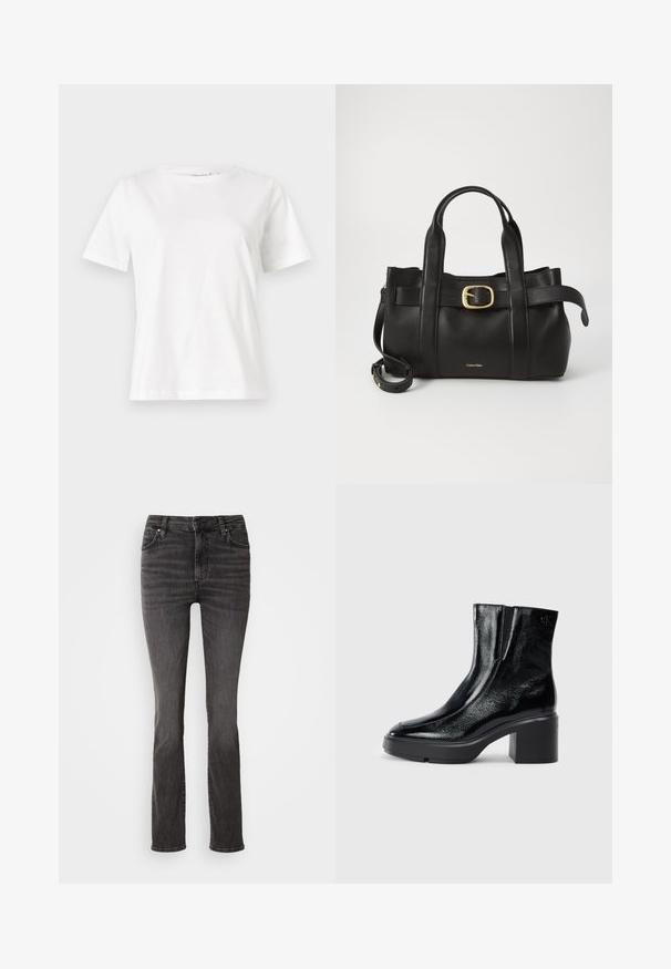 Fehér pamut póló rövid ujjakkal, kerek nyakkivágással és laza szabással. Sima textúra, nincsenek minták vagy díszítések, minimalista dizájn.; Fekete farmernadrág egyenes szárú dizájnnal, öt zsebes stílussal és enyhe kopással. A klasszikus derékpánt jellemzi, cipzáros zárással.; Fekete lakkbőr bokacsizma ívelt orral, elasztikus oldalpanelek és vastag blokk sarkal. A hátsó részen dombornyomott logó található.; Fekete bőr kézitáska, amely strukturált kialakítással rendelkezik, dupla felső fogantyúval, arany tónusú csattal és a márka dombornyomott logójával az elején.