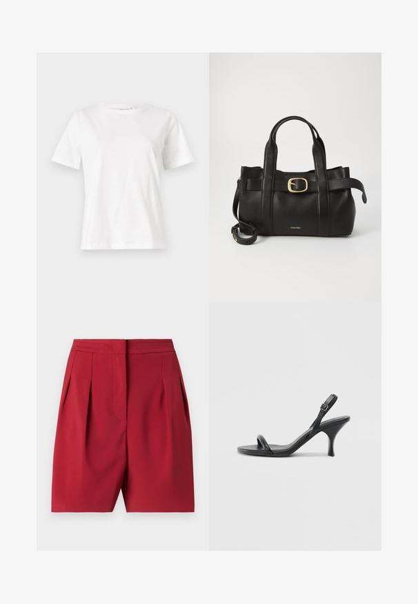 Witte katoenen t-shirt met korte mouwen, ronde halslijn en een ontspannen pasvorm. Gladde textuur, geen patronen of accenten, minimalistisch ontwerp.; Rode op maat gemaakte shorts met plooien, gemaakt van een soepele stof. Kenmerkt zich door een gestructureerde tailleband en strakke lijnen, waardoor een verfijnde silhouet wordt gecreëerd.; Zwarte leren sandalen met hoge hakken, een slanke, gebogen hak en een gekruist bandontwerp. Verstelbare enkelband. Soepele textuur.; Zwarte leren handtas met een gestructureerd ontwerp, dubbele handgrepen aan de bovenkant, een gouden gespaccent en een geperst merklogo aan de voorkant.