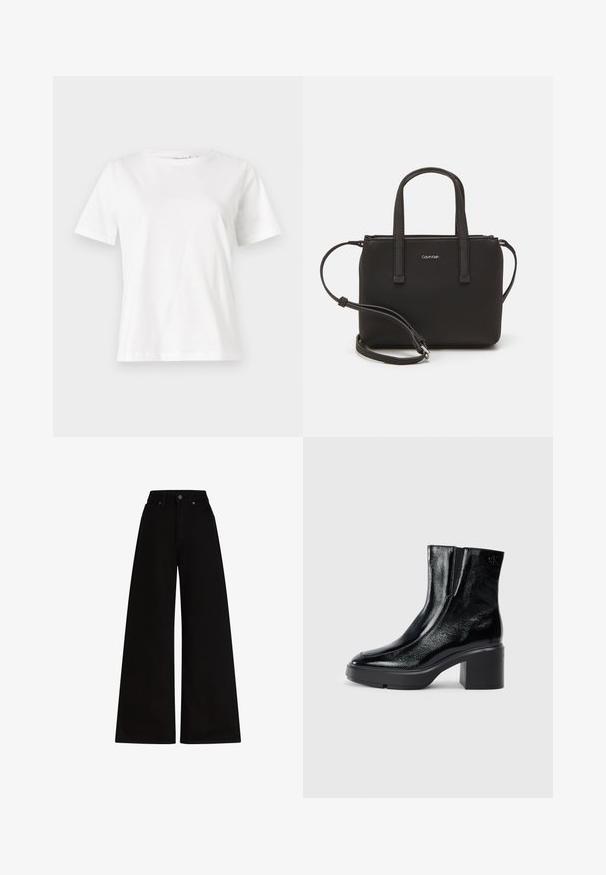 Bijela pamučna majica s kratkim rukavima, okruglim izrezom i opuštenim krojem. Glatka tekstura, bez uzoraka ili akcenata, minimalistički dizajn.; Široke crne traperice s visokim strukom, s metalnim kopčanjem i dva prednja džepa. Glatka tekstura s minimalnim dizajnom.; Crne lakirane gležnjače s zakrivljenim prstom, elastičnim bočnim panelima i masivnom blok petom. Sadrže urezani logo na leđima.; Crna torba s dva kratka ručka i uklonjivom naramenicom. Glatki materijal nalik koži s zatvaračem na zatvaranje i detaljem s logom.