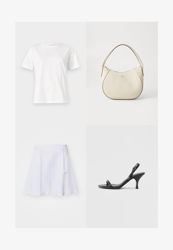 Biela bavlnená tričko s krátkymi rukávmi, okrúhlym výstrihom a voľným strihom. Hladká textúra, bez vzorov alebo akcentov, minimalistický dizajn.; Biele strihané šortky s vysokým pásom, plisovaním a hladkou textúrou, ktoré poskytujú štruktúrovaný, moderný siluetu.; Čierne kožené sandále na vysokom podpätku s štíhlym, zakriveným podpätkom a prekríženým pásikovým dizajnom. Nastaviteľný pásik okolo členka. Hladká textúra.; Krémová kabelka s textúrovaným povrchom, zakriveným tvarom, krátkym uchom a detailom loga v zlatom tóne. Zapínanie na zips na vrchu.