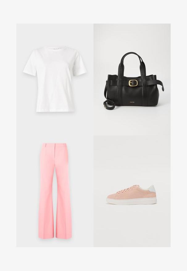 Biała bawełniana koszulka z krótkim rękawem, okrągłym dekoltem i luźnym krojem. Gładka tekstura, brak wzorów lub dodatków, minimalistyczny design.; Różowe spodnie o szerokich nogawkach z dopasowanym krojem, ze spłaszczonym przodem i starannie wyprasowanymi fałdami. Gładki materiał i wysoki stan.; Jasnoróżowe zamszowe sneakersy z białą gumową podeszwą, okrągłym czubkiem i białym akcentem na pięcie. Posiadają płaskie sznurówki i minimalne logo po boku.; Czarna skórzana torebka o zorganizowanej konstrukcji, z podwójnymi uchwytami u góry, akcentem w postaci złotego zapięcia oraz wytłoczonym logo marki z przodu.