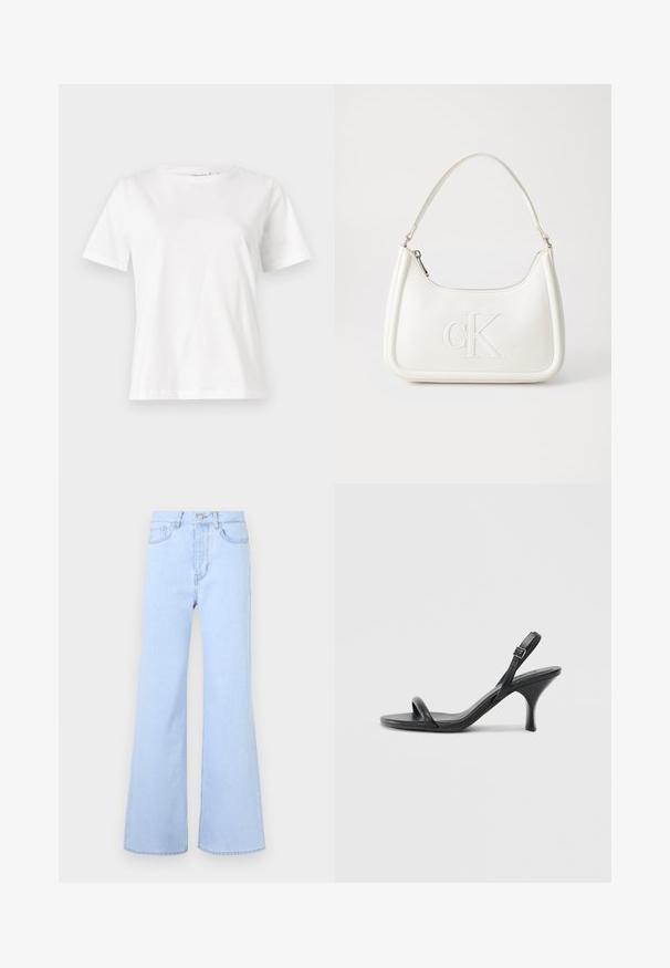 Tricou alb din bumbac cu mâneci scurte, guler rotund și o croială relaxată. Textură netedă, fără imprimeuri sau accente, design minimalist.; Jeans evazați de culoare albastru deschis, cu talie înaltă, având cinci buzunare, închidere cu nasture și o textură netedă de denim. Marginile sunt cusute curat.; Sandale cu toc înalt din piele neagră, cu un toc subțire și curbat și un design cu curea încrucișată. Curea la gleznă ajustabilă. Textură netedă.; Geantă de umăr din piele albă cu formă curbată, având un logo "CK" embosat pe partea din față și un singur braț de umăr. Închidere cu fermoar în partea de sus.