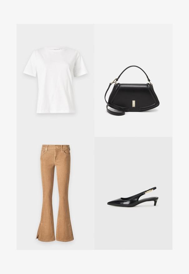Weißes Baumwoll-T-Shirt mit kurzen Ärmeln, Rundhalsausschnitt und lockerer Passform. Glatte Textur, keine Muster oder Akzente, minimalistisches Design.; Braune Corduroy-Hosen mit weit geschnittenem Bein und hohem Bund, seitlichen Taschen und Schlitzen am Saum. Strukturierter Stoff mit gerippter Musterung.; Schwarze Leder-Slingback-Pumps mit spitzem Schuhblatt, ausgestattet mit einem schlanken Absatz und einem goldfarbigen Akzent am verstellbaren Riemen. Glatte Textur.; Schwarze Lederhandtasche mit einem strukturierten Design, das eine verkürzte Form, einen oberen Griff und goldfarbene Hardware-Details aufweist. Verstellbarer Schulterriemen ist enthalten.