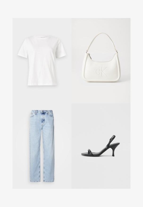 Bílý bavlněný tričko s krátkým rukávem, kulatým výstřihem a volnějším střihem. Hladká textura, bez vzorů nebo akcentů, minimalistický design.; Světle modré široké džíny z denimu, s vysokým pasem, výrazně vybledlým odstínem a decentním vzorem tie-dye na přední straně.; Černé kožené sandály na vysokém podpatku s úzkým, zakřiveným podpatkem a designem s překříženými popruhy. Nastavitelný pásek kolem kotníku. Hladký povrch.; Bílá kožená kabelka s křivkovým tvarem, na přední straně s vyraženým logem "CK" a jediným ramenním popruhem. Zipový uzávěr na vrchu.
