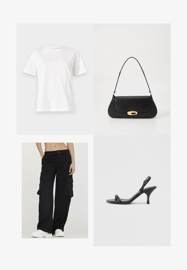 Witte katoenen t-shirt met korte mouwen, ronde halslijn en een ontspannen pasvorm. Gladde textuur, geen patronen of accenten, minimalistisch ontwerp.; Zwarte wijde cargobroek met zijzakken, gemaakt van een gladde stof, met een sluiting met een knoop aan de voorkant en een ontspannen pasvorm. Witte sneakers.; Zwarte leren sandalen met hoge hakken, een slanke, gebogen hak en een gekruist bandontwerp. Verstelbare enkelband. Soepele textuur.; Zwarte leren handtas met een gebogen ontwerp, goudkleurige accenten en een bovenhandvat. Heeft een strakke sluiting en een gladde textuur.