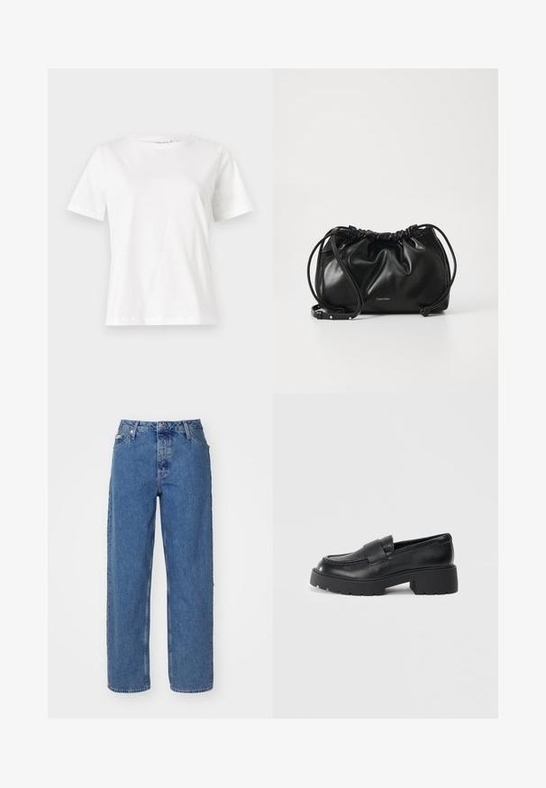 Bijela pamučna majica s kratkim rukavima, okruglim izrezom i opuštenim krojem. Glatka tekstura, bez uzoraka ili akcenata, minimalistički dizajn.; Svijetloplave traperice s visokim strukom, ravnim nogavicama, pet džepova i blago izblijedjelom teksturom. Zatvaranje na zakovicu i gumb.; Crne kožne mokasine s strukturiranom površinom, koje imaju pravokutnu traku preko gornjeg dijela i robustan, nazubljen potplat.; Crna kožna torba s nabranim dizajnom, dvostrukim zatvaranjem na vezicu i odvojivim remenom za rame. Ima metalni logo detalj.