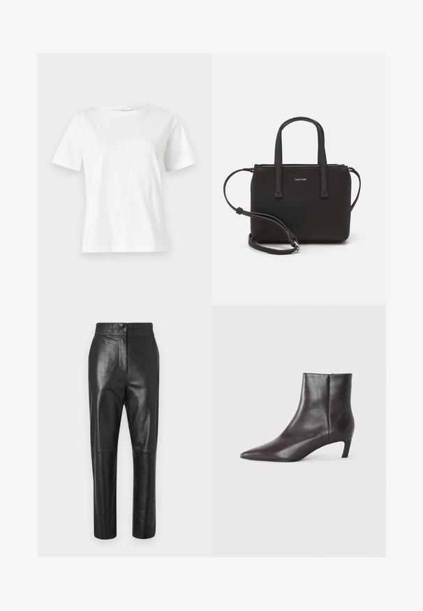 Camiseta de algodón blanca de manga corta, con cuello redondo y un corte relajado. Textura suave, sin patrones ni acentos, diseño minimalista.; Pantalones de cuero negro con un acabado pulido, diseño a medida, forma de pierna recta y detalles de costura sutiles. Sin herrajes o acentos visibles.; Botín negro de cuero hasta el tobillo con punta afilada y tacón bajo de tipo kitten, acabado suave, con cremallera lateral, presentado sobre un fondo neutro.; Bolso de mano negro con dos asas cortas y una correa de hombro removible. Material suave tipo cuero con cierre de cremallera y detalle del logo.