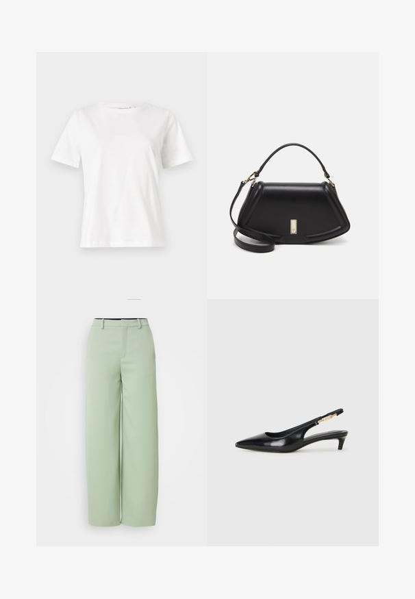 White cotton t-shirt with short sleeves, round neckline, and a relaxed fit. Smooth texture, no patterns or accents, minimalistic design.; Light green wide-leg pants made from smooth fabric. Features a flat front, belt loops, and a tailored fit with no visible hardware.; Black leather slingback heels with a pointed toe, featuring a slim heel and a gold-tone accent on the adjustable strap. Smooth texture.; Black leather handbag with a structured design, featuring a cropped shape, top handle, and gold hardware accent. Adjustable shoulder strap included.