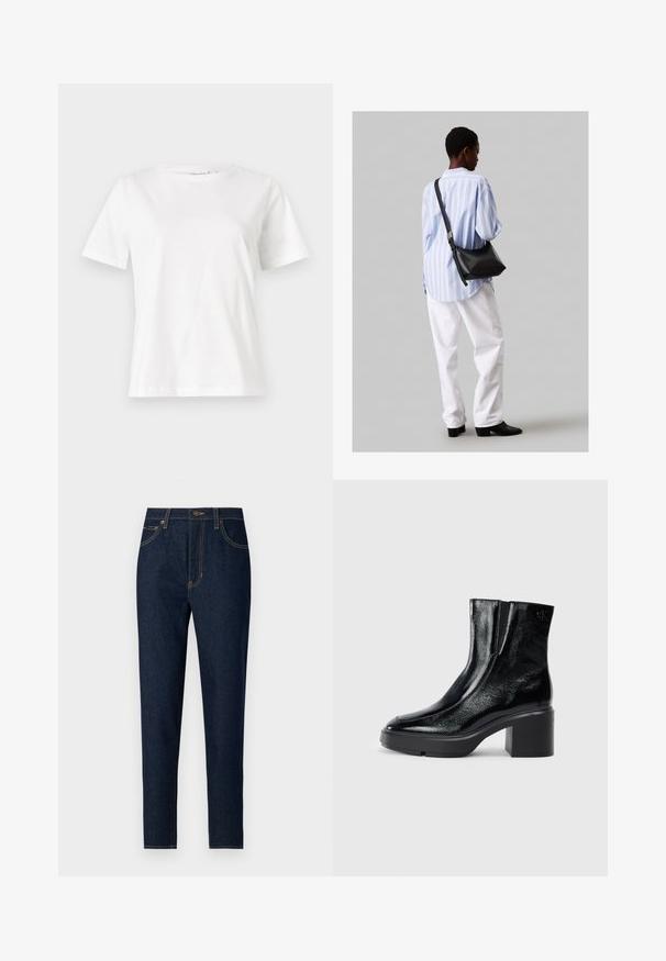 Λευκό βαμβακερό μπλουζάκι με κοντά μανίκια, στρογγυλή λαιμόκοψη και άνετη εφαρμογή. Λείο υφασμάτινο, χωρίς σχέδια ή αξεσουάρ, μινιμαλιστικός σχεδιασμός.; Σκούρο τζιν παντελόνι με ίσια γραμμή. Διαθέτει μπροστινές τσέπες, πίσω τσέπες και αντίθετη κίτρινη ραφή. Κλασικό κούμπωμα με κουμπί.; Μαύρες πατενταρισμένες δερμάτινες μπότες στον αστράγαλο με καμπυλωτή μύτη, ελαστικές πλαϊνές πινακίδες και χοντρό μπλοκ τακούνι. Διαθέτουν ανάγλυφο λογότυπο στο πίσω μέρος.; Μαύρη δερμάτινη τσάντα ώμου με απαλή υφή, τριγωνικό σχήμα και ρυθμιζόμενο λουρί, συνδυασμένη με ένα ανοιχτό μπλε ριγέ πουκάμισο και λευκό παντελόνι.