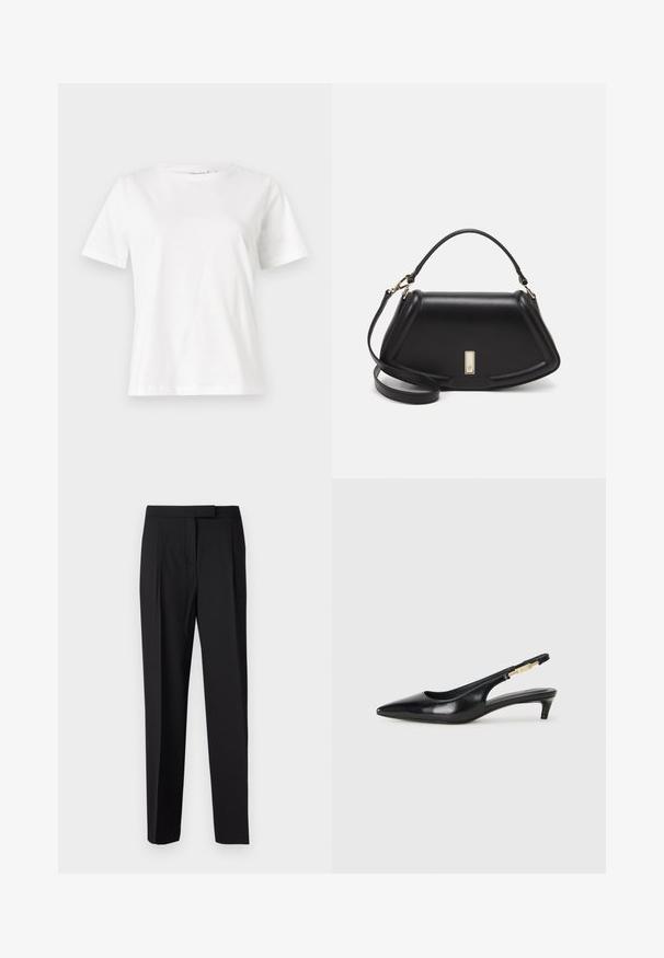 White cotton t-shirt with short sleeves, round neckline, and a relaxed fit. Smooth texture, no patterns or accents, minimalistic design.; Black tailored trousers made of smooth fabric, featuring a straight leg design, side pockets, and a discreet hook-and-bar fastener at the waist.; Black leather slingback heels with a pointed toe, featuring a slim heel and a gold-tone accent on the adjustable strap. Smooth texture.; Black leather handbag with a structured design, featuring a cropped shape, top handle, and gold hardware accent. Adjustable shoulder strap included.
