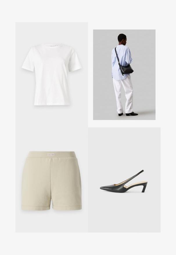 Baltas kokvilnas T-krekls ar īsām piedurknēm, apaļu kakla izgriezumu un brīvu piegriezumu. Gluda tekstūra, bez rakstiem vai akcentiem, minimālistisks dizains.; Bežīgas kokvilnas šorti ar ribotām jostasvietām. Priekšpusē ir diskrēta logo birka. Taisna griezuma ar apgrieztām malām un gludu tekstūru.; Melna, ar smailu purngalu, slingback kurpe ar zemu papēdi, izgatavota no gludas ādas materiāla un ar izgriezumiem sānos gaisa caurlaidībai.; Melna ādas plecu soma ar mīkstu tekstūru, trīsstūra formu un regulējamu siksnu, apvienota ar gaiši zilu svītrotu krekli un baltām biksēm.