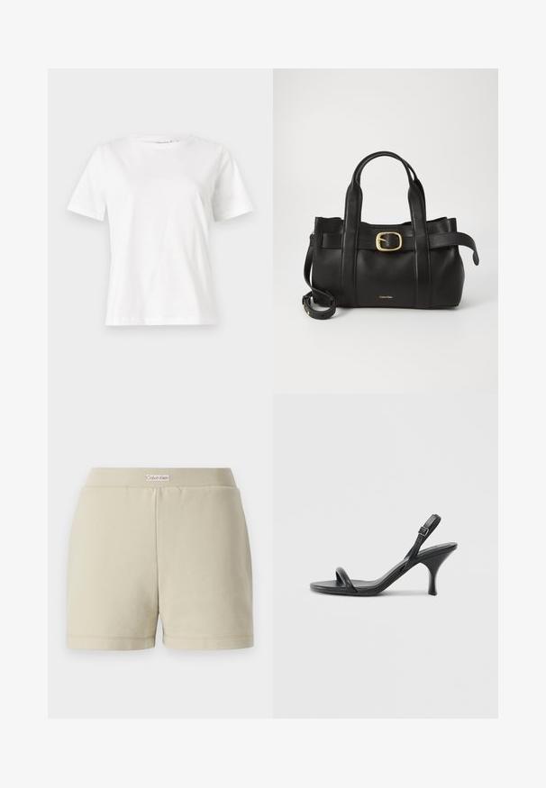 Fehér pamut póló rövid ujjakkal, kerek nyakkivágással és laza szabással. Sima textúra, nincsenek minták vagy díszítések, minimalista dizájn.; Beige színű pamut sort, bordás derékrésszel. Elöl egy diszkrét logó címke található. Egyenes szabású, hemzsélt élekkel és sima textúrával.; Fekete bőrből készült, magassarkú szandál, vékony, ívelt sarokkal és keresztben átkötött pántokkal. Állítható bokapánt. Sima felület.; Fekete bőr kézitáska, amely strukturált kialakítással rendelkezik, dupla felső fogantyúval, arany tónusú csattal és a márka dombornyomott logójával az elején.