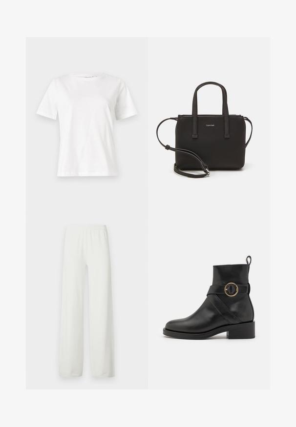 Hvid bomulds t-shirt med korte ærmer, rund halsudskæring og en afslappet pasform. Glat tekstur, ingen mønstre eller accenter, minimalistisk design.; Hvide bukser med vide ben lavet af blødt, letvægtsstof. Har elastisk talje og lige ben. Ingen synlige mønstre eller detaljer.; BOSS IRYNA BOOTIE - Plateaustøvletter - black; Sort håndtaske med to korte håndtag og en aftagelig skulderrem. Glat læderagtigt materiale med lynlåslukning og logo detaljer.