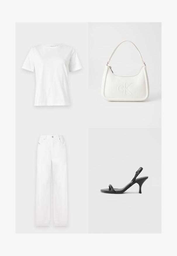 Balta medvilninė marškinėliai trumpomis rankovėmis, su apvalia iškirpte ir laisvu siluetu. Lygi tekstūra, be raštų ar akcentų, minimalistinis dizainas.; Balti medvilniniai plačių kojų kelnių su klasikinio penkių kišenėmis dizainu ir metaliniu užsegimu, su subtaliai siuvinėjimo detalėmis.; Juodos odinės aukštakulnės šlepetės su plonu, kreiviu kulnu ir kryžminiu dirželio dizainu. Reguliuojamas kulkšnies dirželis. Lygus paviršius.; Balta odinė rankinė su išlenkta forma, su reljefiniu "CK" logotipu priekyje ir viena petneša. Užtrauktuko uždarymas viršuje.