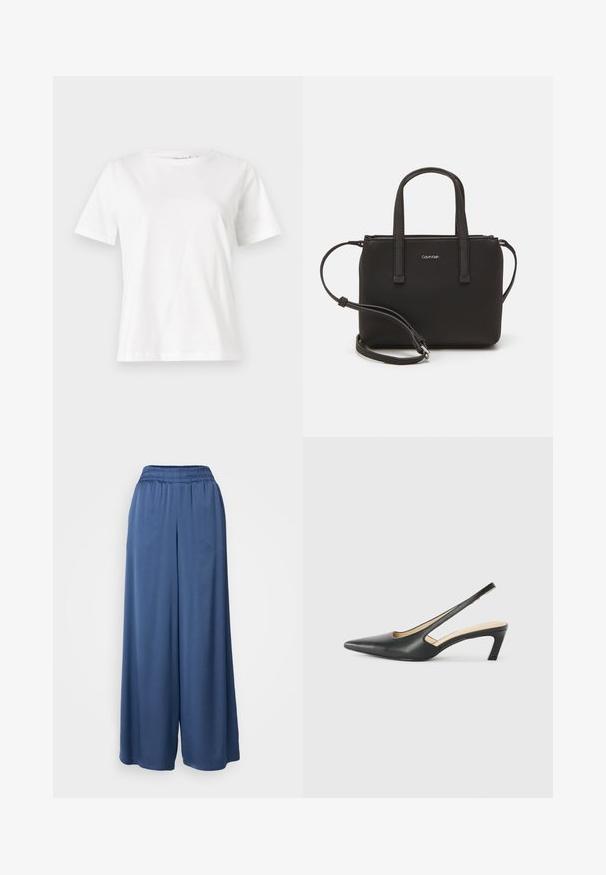 Witte katoenen t-shirt met korte mouwen, ronde halslijn en een ontspannen pasvorm. Gladde textuur, geen patronen of accenten, minimalistisch ontwerp.; Wijdvallende broek in een diepe blauwe kleur, gemaakt van zachte stof. Kenmerkt zich door een elastische tailleband en een loose, vloeiende silhoe t.; Zwarte puntige slingback schoen met een lage hak, gemaakt van soepel leer en voorzien van een uitsnede aan de zijkant voor ventilatie.; Zwarte handtas met dubbele korte handvatten en een afneembare schouderriem. Glad, leerachtig materiaal met een ritssluiting en logo-detail.