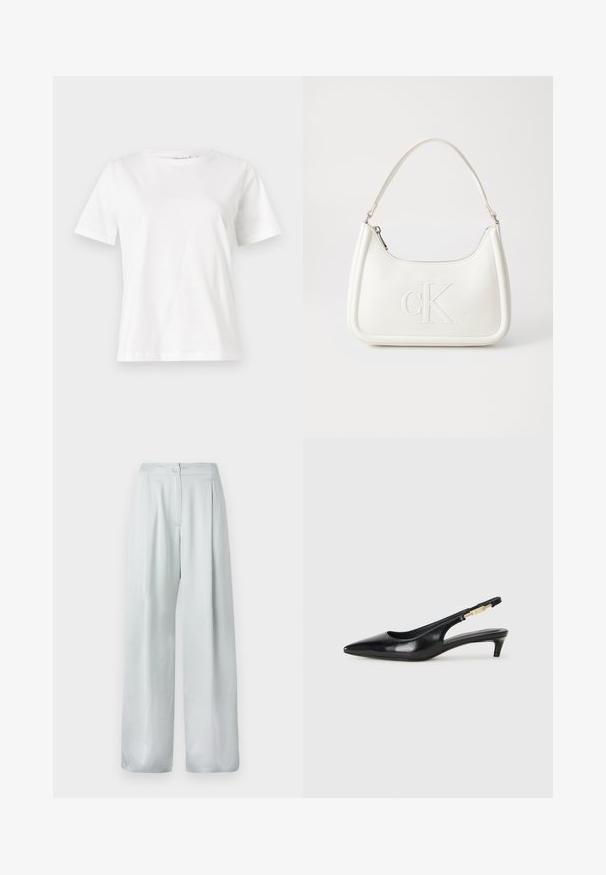 Baltas kokvilnas T-krekls ar īsām piedurknēm, apaļu kakla izgriezumu un brīvu piegriezumu. Gluda tekstūra, bez rakstiem vai akcentiem, minimālistisks dizains.; Gai pelēki platleņķa bikses ar gludu tekstūru, kas ir aprīkotas ar priekšpusi aizdarāmām pogām un krokotiem dizaina elementiem, pievienojot papildu detaļu.; Melnas ādas slingback zābaki ar smailu purngalu, ar šauru papēdi un zelta krāsas akcentu uz regulējama siksniņas. Gluda tekstūra.; Balta ādas rokassoma ar noapaļotu formu, uz kuras priekšpuses ir izgriezts "CK" logo un viena plecu siksna. Augšā aizverama ar rāvējslēdzēju.