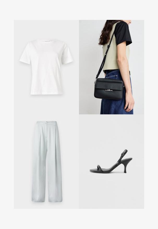 Bijela pamučna majica s kratkim rukavima, okruglim izrezom i opuštenim krojem. Glatka tekstura, bez uzoraka ili akcenata, minimalistički dizajn.; Svijetlosive široke hlače od glatkog materijala, s prednjim kopčanjem na dugme i nabranim dizajnom za dodatni detalj.; Crne kožne sandale na visoku petu s tankom, zakrivljenom petom i dizajnom prekriženih traka. Podesiva traka oko gležnja. Glatka tekstura.; Calvin Klein LINEAR CAMERA BAG - Torba preko tijela - black