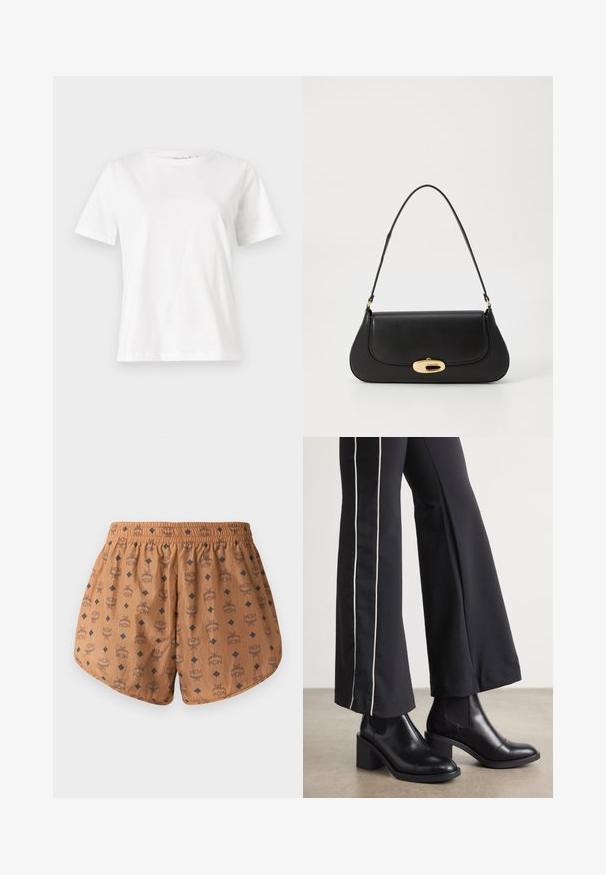 T-shirt en coton blanc à manches courtes, col rond et coupe décontractée. Texture lisse, sans motifs ni accents, design minimaliste.; Shorts marron avec un motif de logo sur toute la surface, accents en losanges bleu foncé, ceinture élastique et tissu léger et texturé.; Bottines en cuir Noir avec un talon bloc, dotées de panneaux élastiques sur les côtés. Associées à un pantalon noir avec une rayure blanche sur le côté.; Sac à main en cuir noir avec un design incurvé, matériel doré et une poignée sur le dessus. Présente une fermeture élégante et une texture lisse.